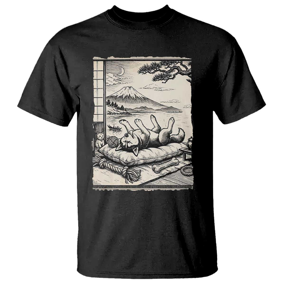 Vintage Japanese Ukiyoe Siberian Husky T Shirt Cute Sleeping Animal Gift