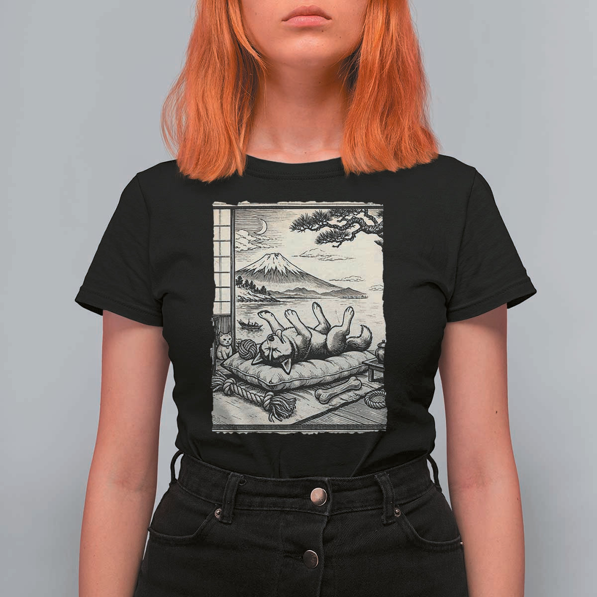 Vintage Japanese Ukiyoe Siberian Husky T Shirt For Women Cute Sleeping Animal Gift