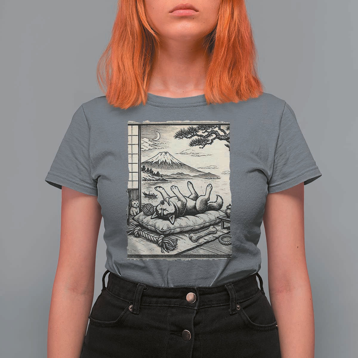 Vintage Japanese Ukiyoe Siberian Husky T Shirt For Women Cute Sleeping Animal Gift
