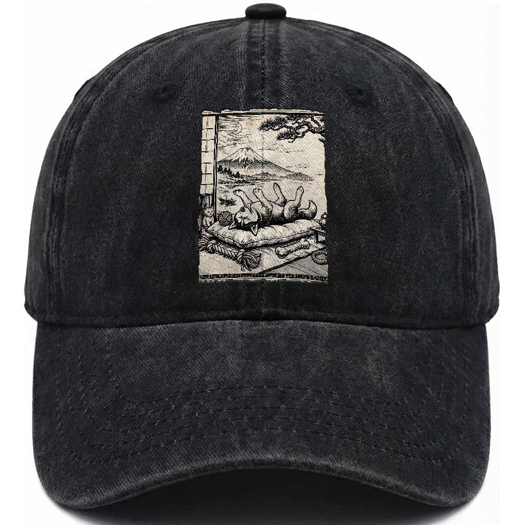 Vintage Japanese Ukiyoe Siberian Husky Washed Cotton Baseball Cap Cute Sleeping Animal Gift