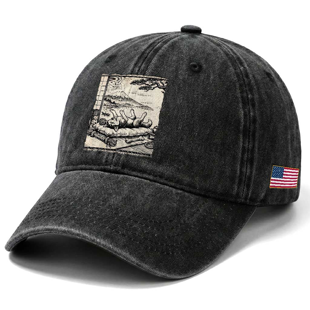 Vintage Japanese Ukiyoe Siberian Husky Washed Cotton Baseball Cap Cute Sleeping Animal Gift
