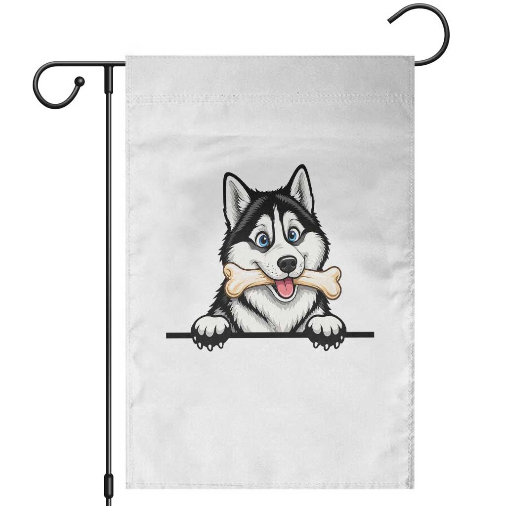 Cute Siberian Husky Puppy Garden Flag Chewing Bone Meme