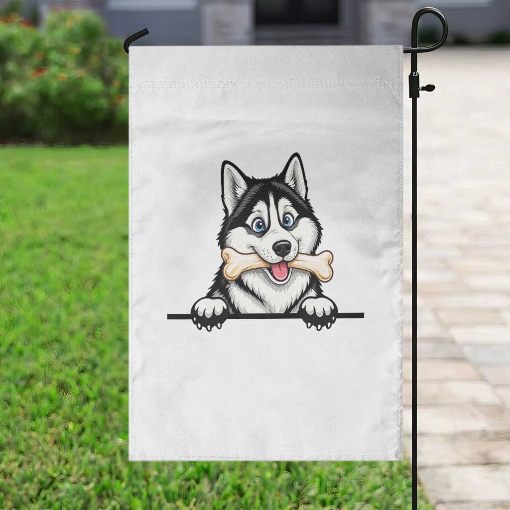 Cute Siberian Husky Puppy Garden Flag Chewing Bone Meme