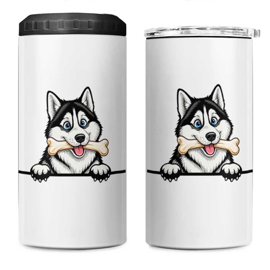 Cute Siberian Husky Puppy 4 in 1 Can Cooler Tumbler Chewing Bone Meme