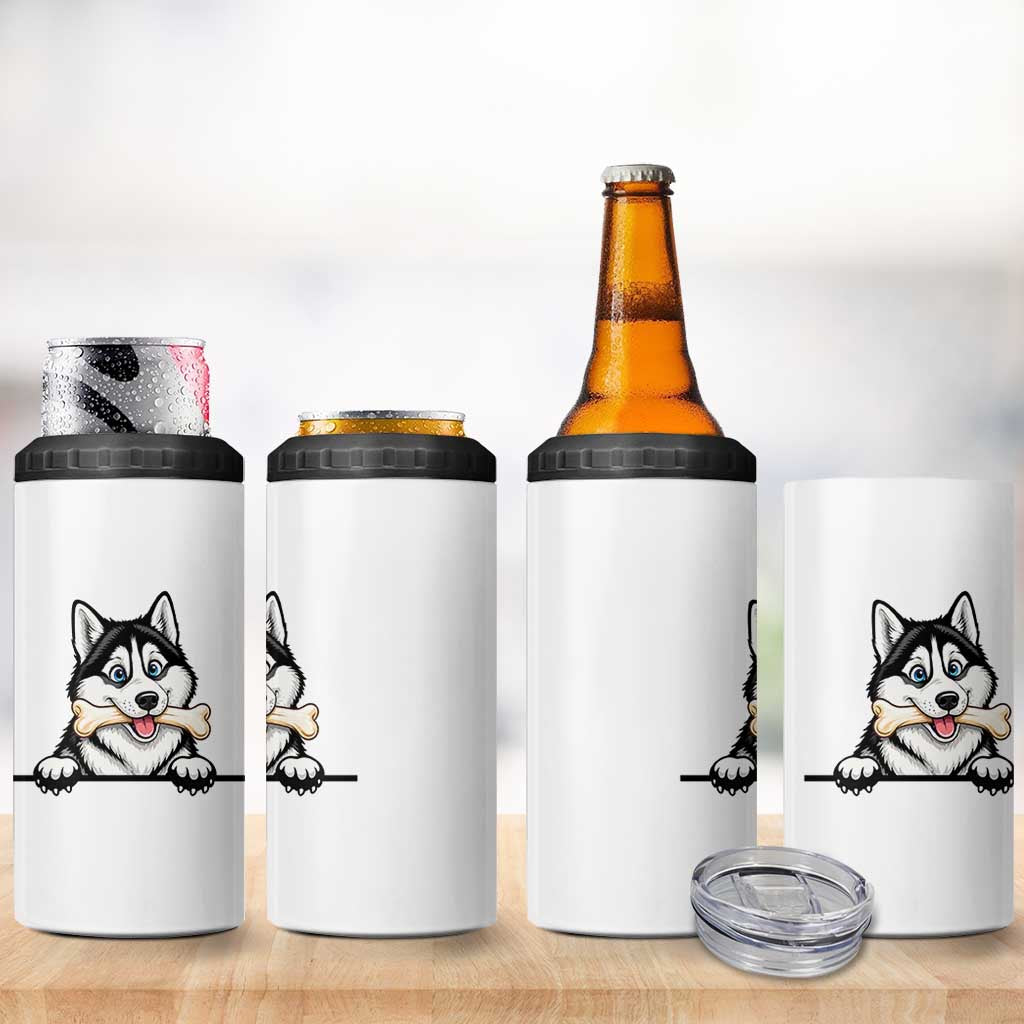 Cute Siberian Husky Puppy 4 in 1 Can Cooler Tumbler Chewing Bone Meme