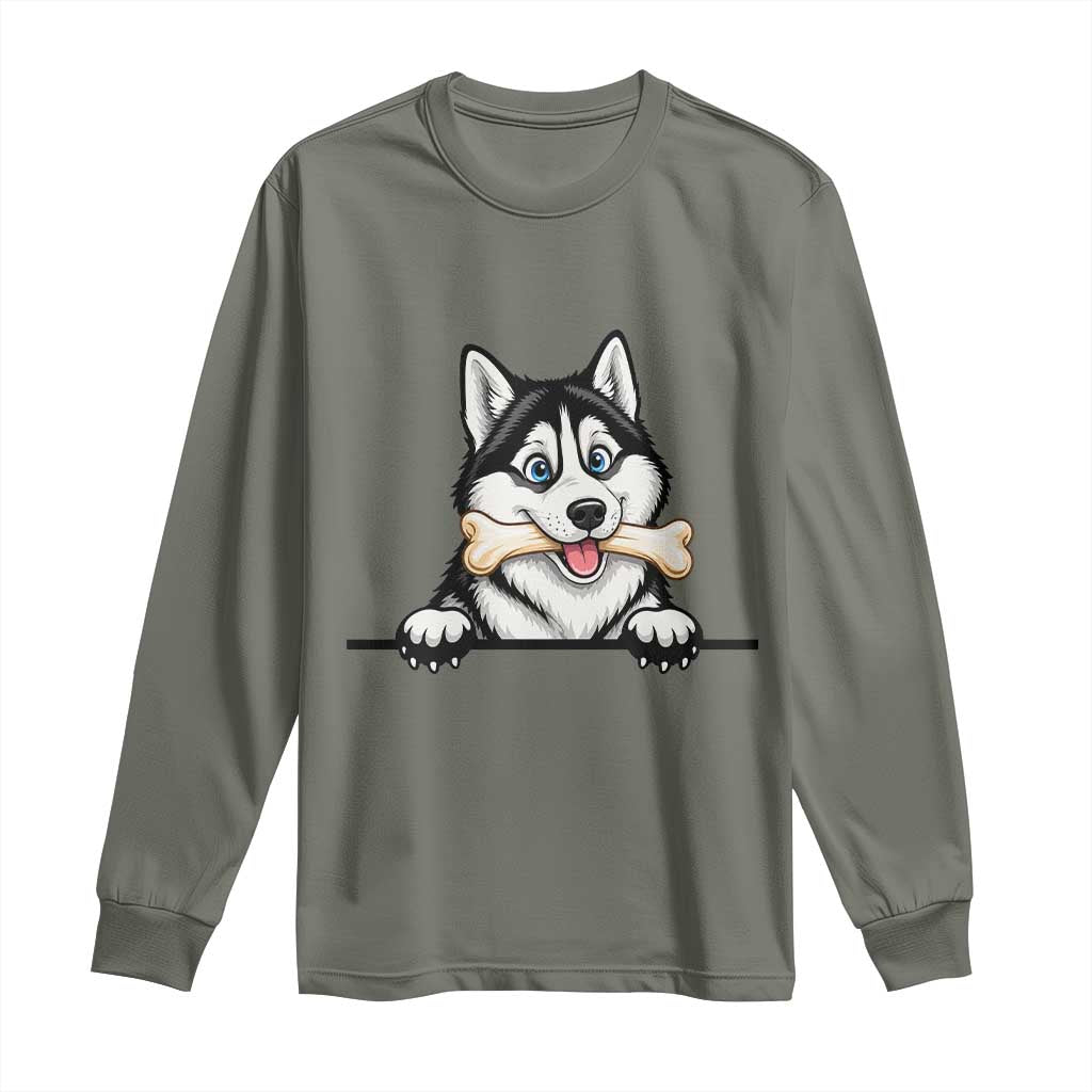Cute Siberian Husky Puppy Long Sleeve Shirt Chewing Bone Meme