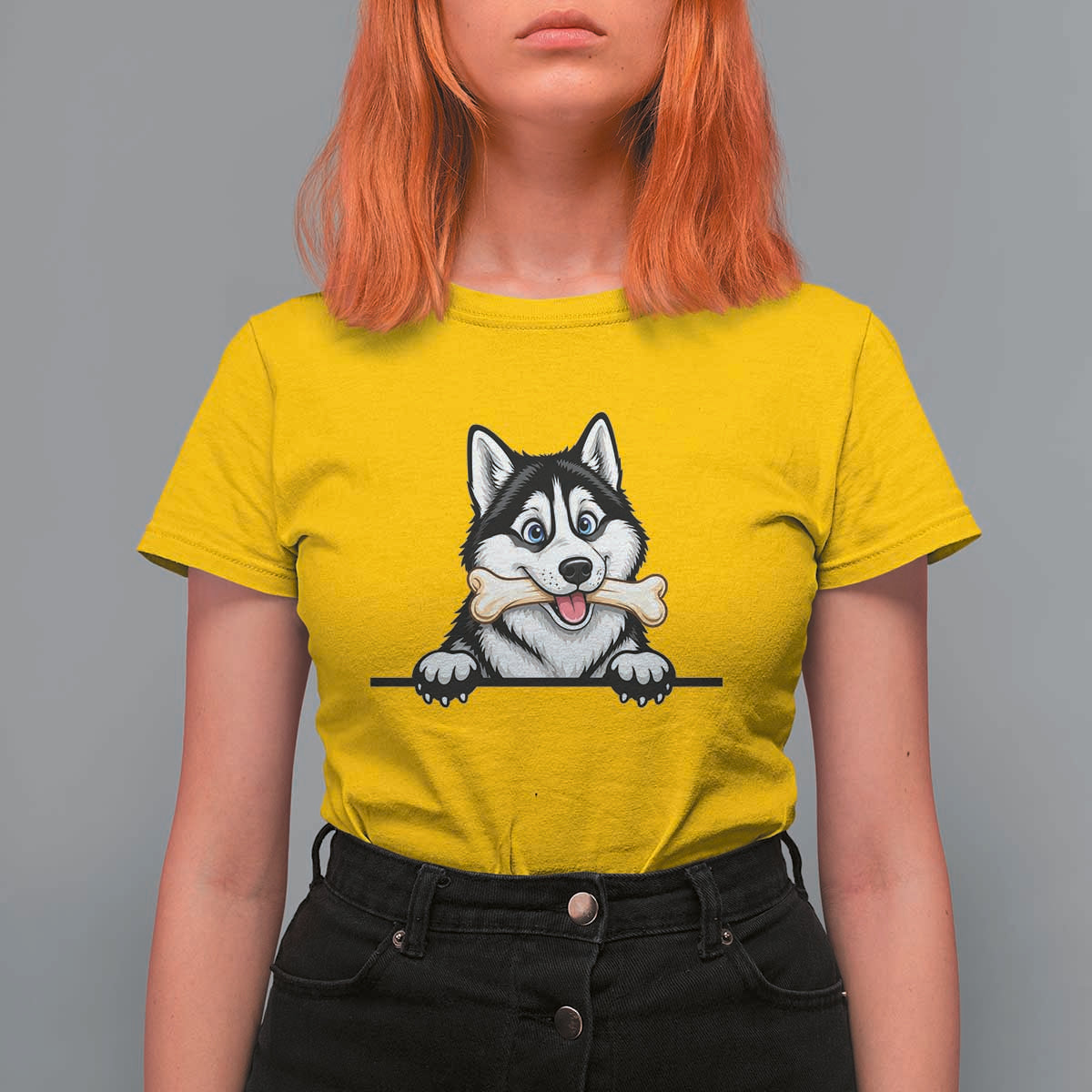 Cute Siberian Husky Puppy T Shirt For Women Chewing Bone Meme