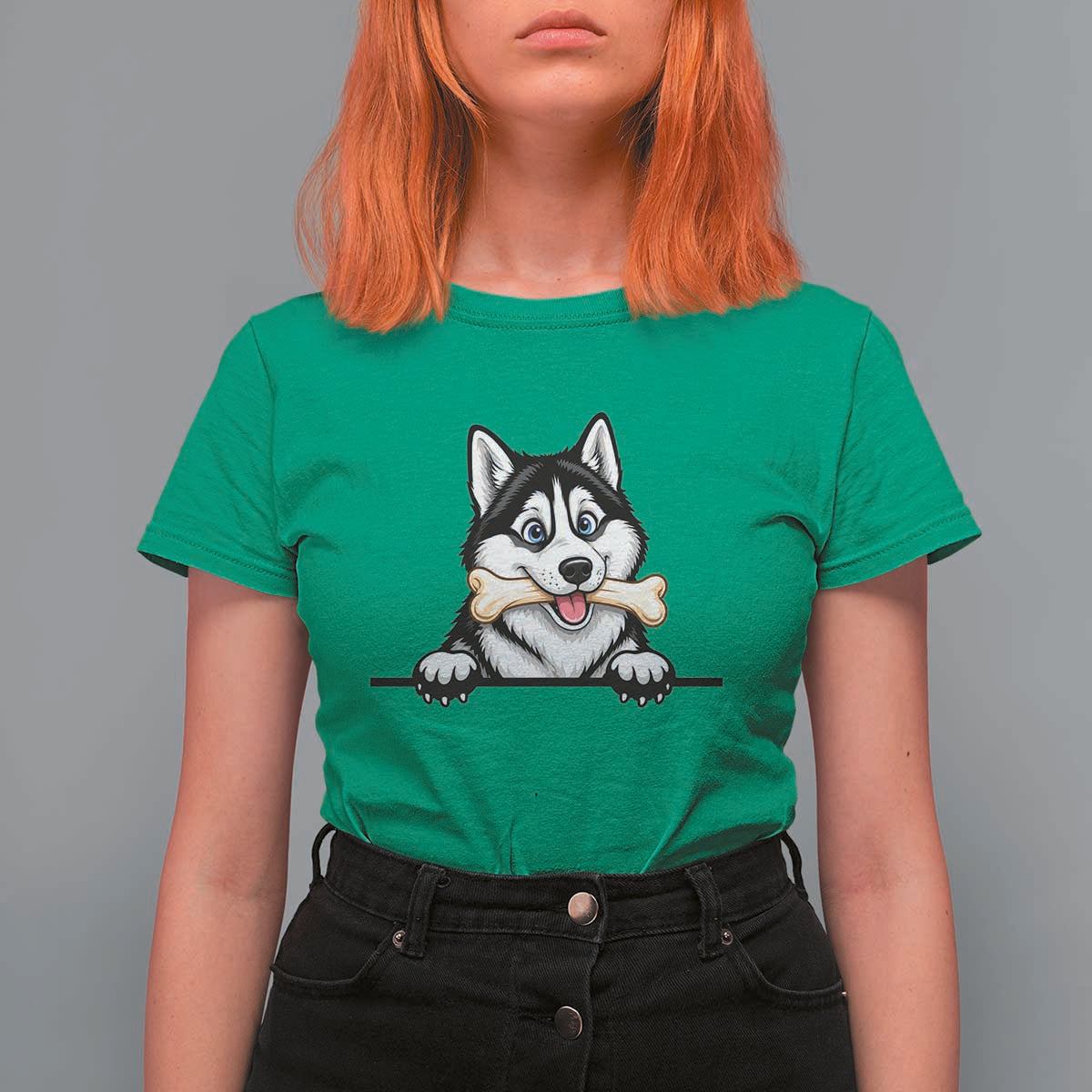 Cute Siberian Husky Puppy T Shirt For Women Chewing Bone Meme