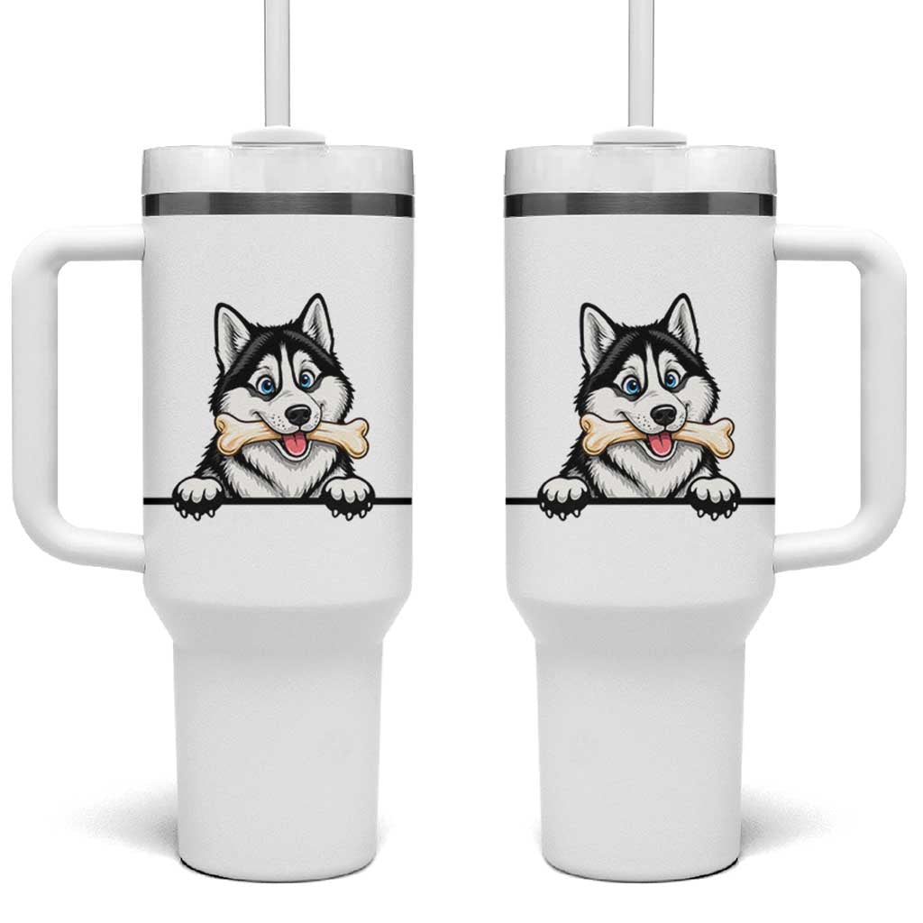 Cute Siberian Husky Puppy Tumbler With Handle Chewing Bone Meme
