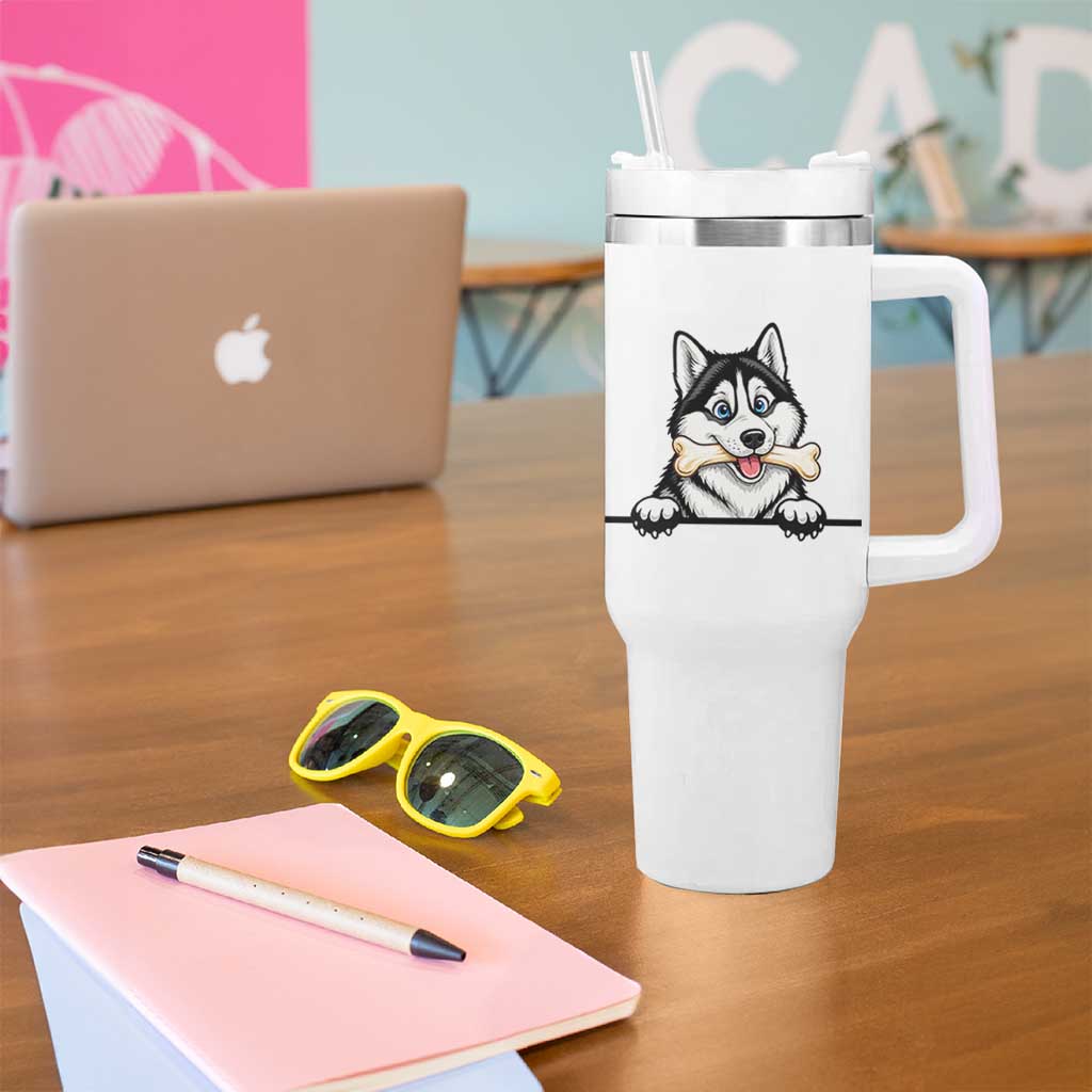 Cute Siberian Husky Puppy Tumbler With Handle Chewing Bone Meme