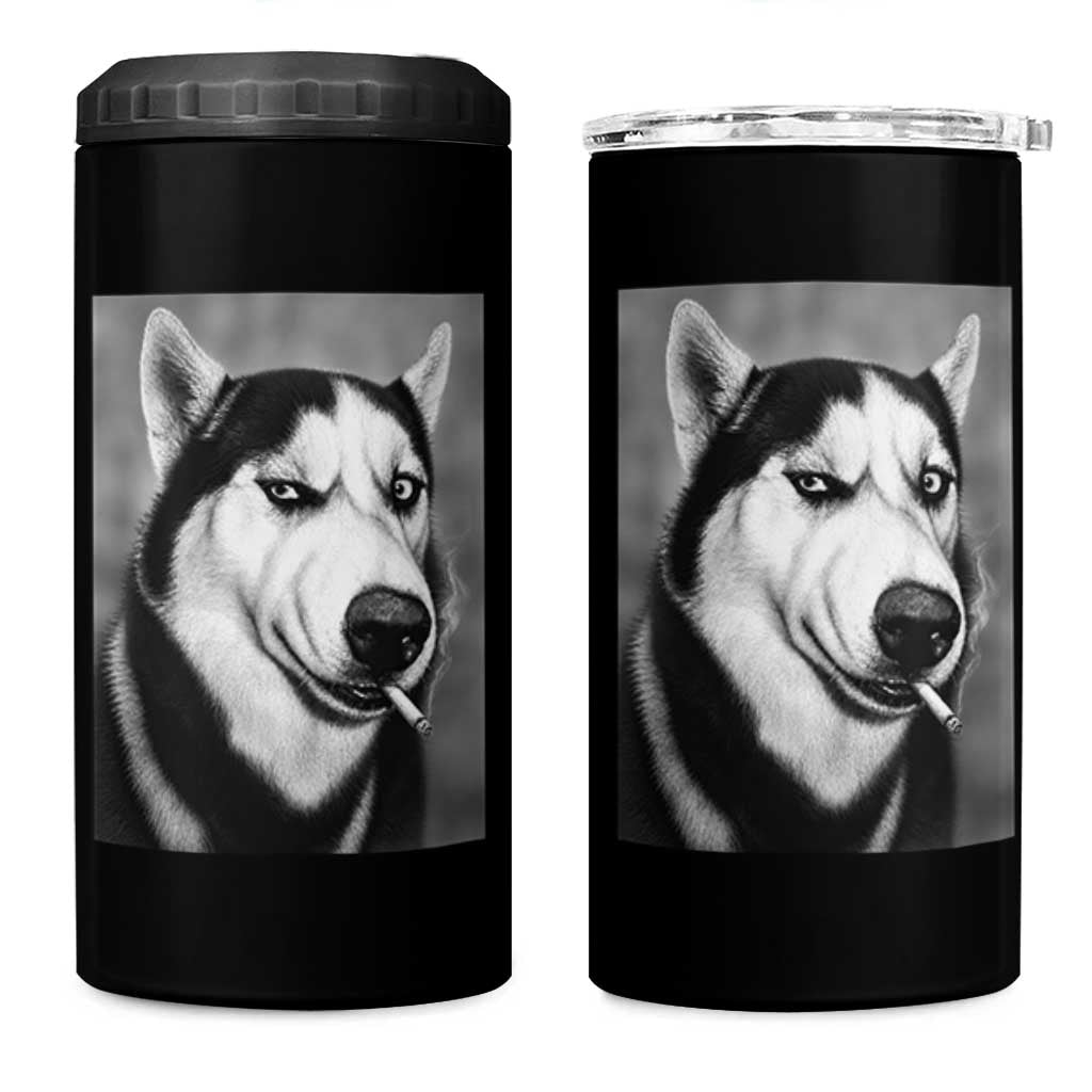 Smoking Siberian Husky Meme 4 in 1 Can Cooler Tumbler Funny Dog Face Gift For Dog Lovers