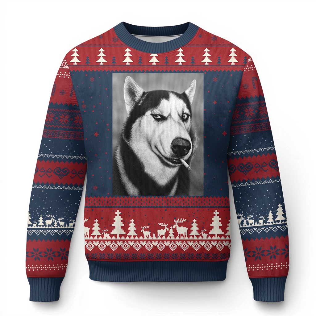 Smoking Siberian Husky Meme Ugly Christmas Sweater Funny Dog Face Gift For Dog Lovers