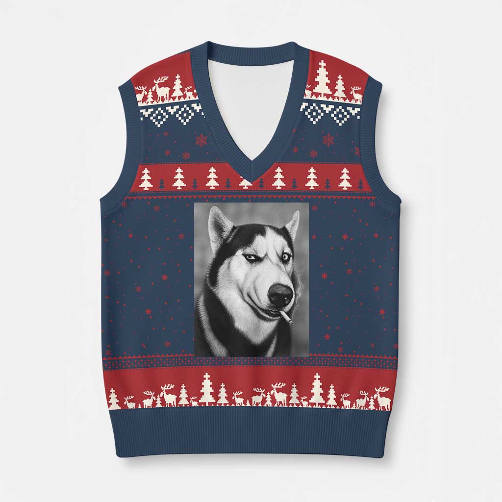 Smoking Siberian Husky Meme V-Neck Knit Sweater Vest Funny Dog Face Gift For Dog Lovers