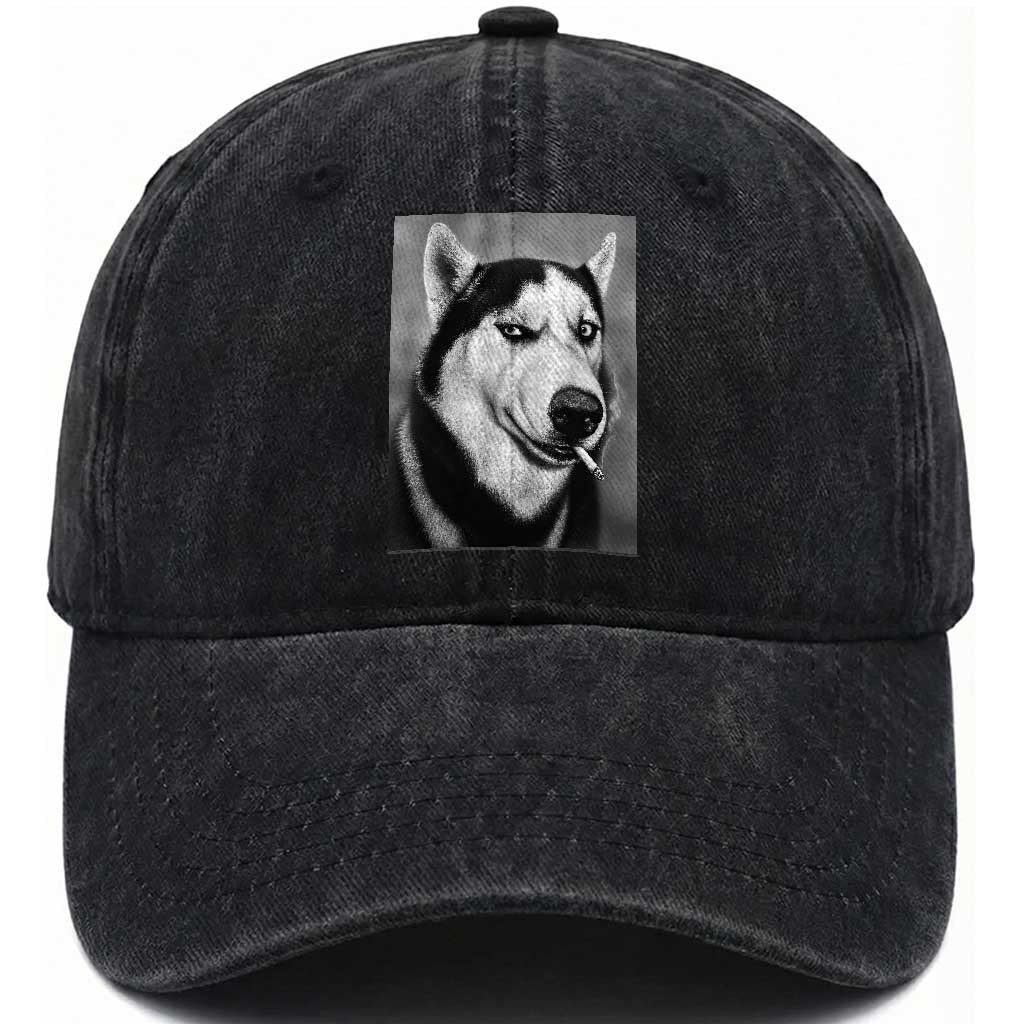 Smoking Siberian Husky Meme Washed Cotton Baseball Cap Funny Dog Face Gift For Dog Lovers