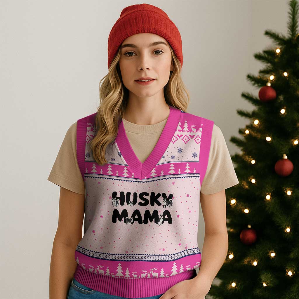 Proud Husky Mama V-Neck Knit Sweater Vest Siberian Husky Mothers Day Gift