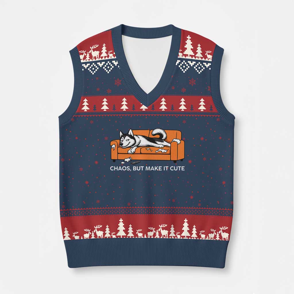 Mischievous Husky Owner Gift V-Neck Knit Sweater Vest Chaos But Make It Cute