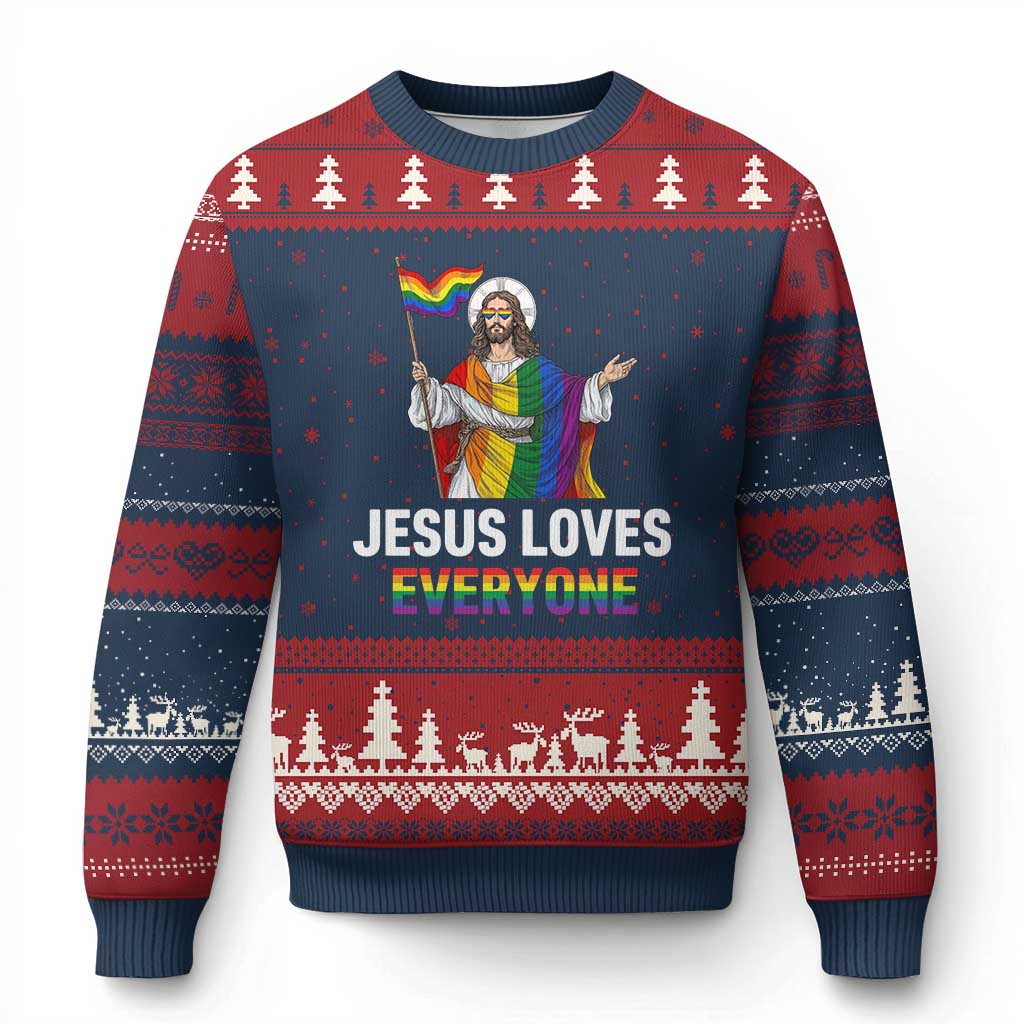 Funny Rainbow Jesus Loves Everyone Ugly Christmas Sweater Religious LGBTQ Support