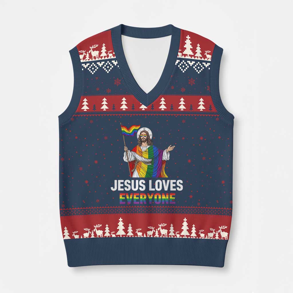 Funny Rainbow Jesus Loves Everyone V-Neck Knit Sweater Vest Religious LGBTQ Support