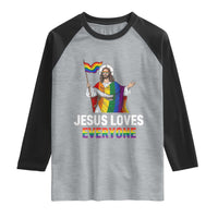 Funny Rainbow Jesus Loves Everyone Raglan Shirt Religious LGBTQ Support