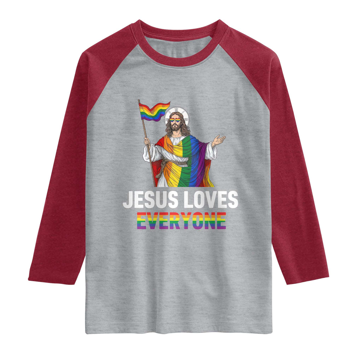 Funny Rainbow Jesus Loves Everyone Raglan Shirt Religious LGBTQ Support