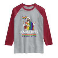Funny Rainbow Jesus Loves Everyone Raglan Shirt Religious LGBTQ Support