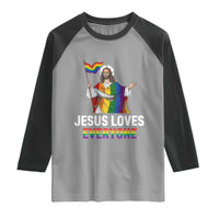 Funny Rainbow Jesus Loves Everyone Raglan Shirt Religious LGBTQ Support