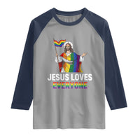 Funny Rainbow Jesus Loves Everyone Raglan Shirt Religious LGBTQ Support