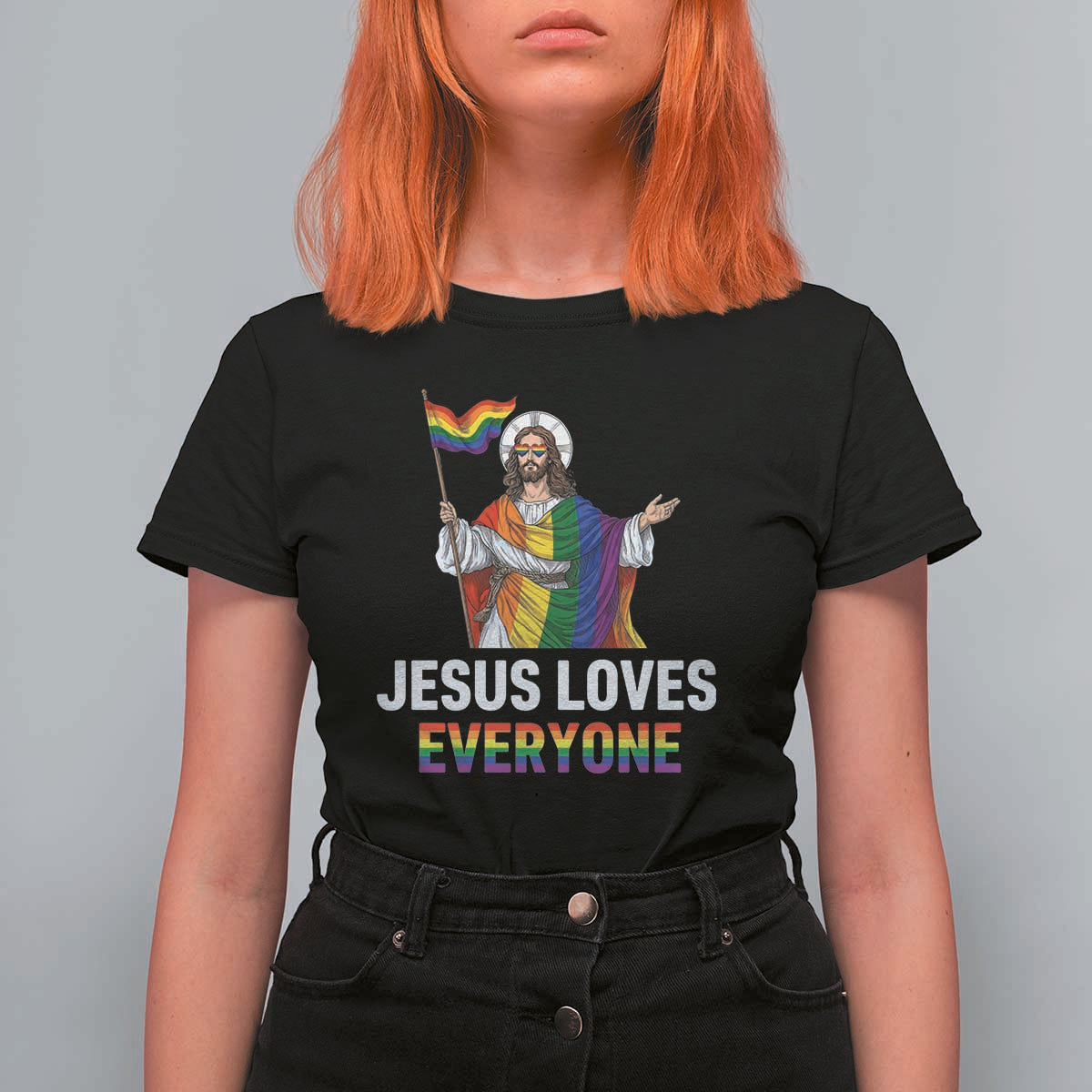 Funny Rainbow Jesus Loves Everyone T Shirt For Women Religious LGBTQ Support
