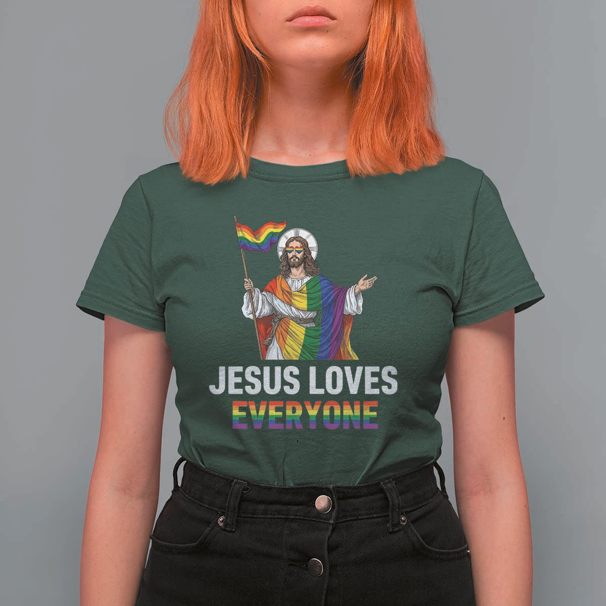 Funny Rainbow Jesus Loves Everyone T Shirt For Women Religious LGBTQ Support