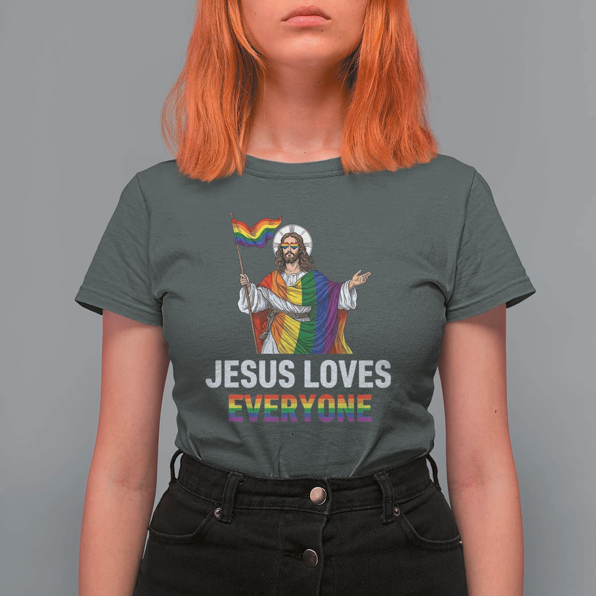 Funny Rainbow Jesus Loves Everyone T Shirt For Women Religious LGBTQ Support
