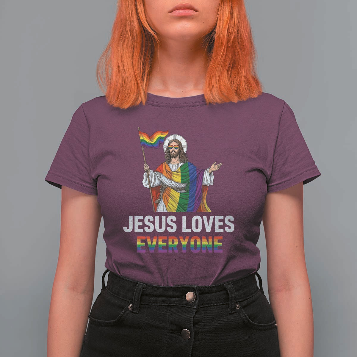 Funny Rainbow Jesus Loves Everyone T Shirt For Women Religious LGBTQ Support
