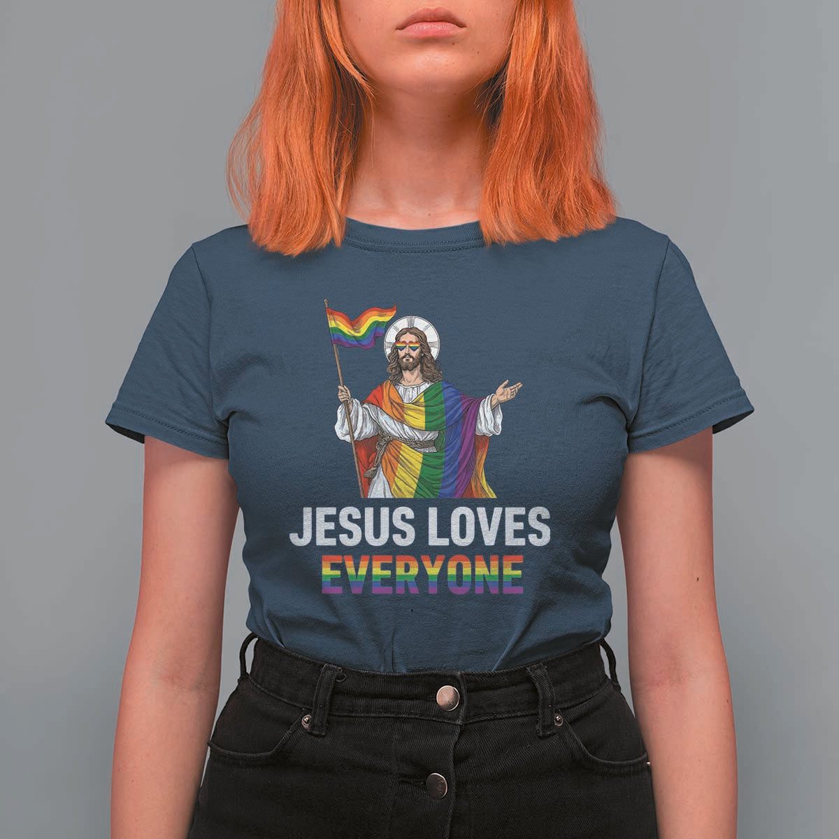 Funny Rainbow Jesus Loves Everyone T Shirt For Women Religious LGBTQ Support