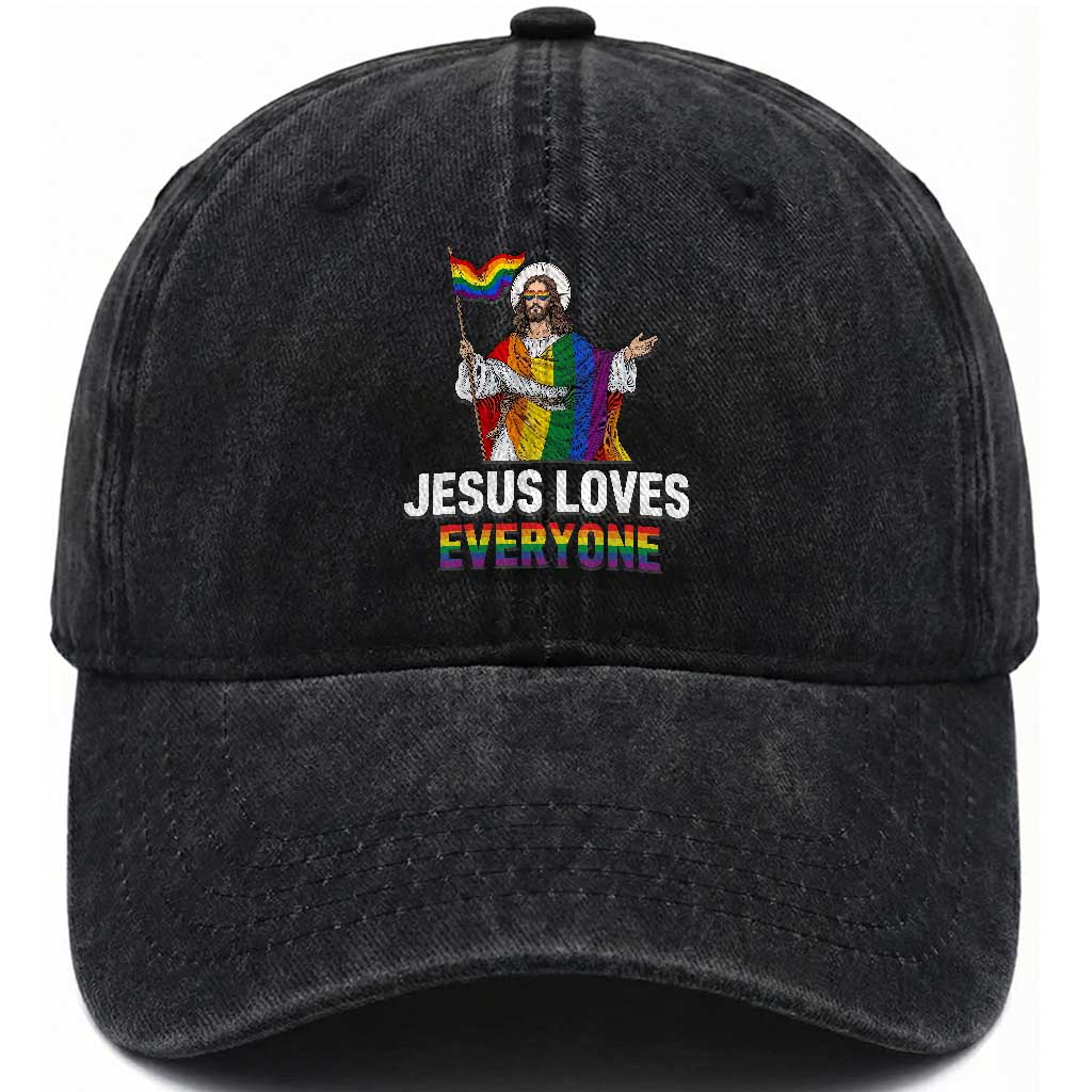 Funny Rainbow Jesus Loves Everyone Washed Cotton Baseball Cap Religious LGBTQ Support