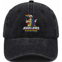 Funny Rainbow Jesus Loves Everyone Washed Cotton Baseball Cap Religious LGBTQ Support