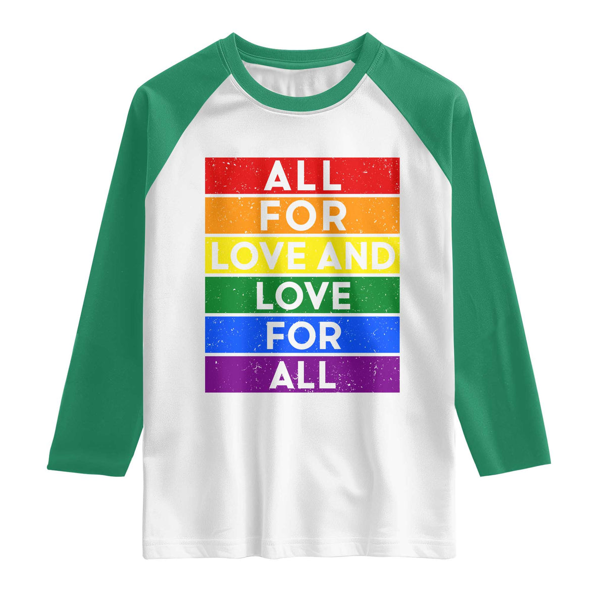 Vintage All For Love And Love For All Raglan Shirt Pride Month Rainbow Graphic