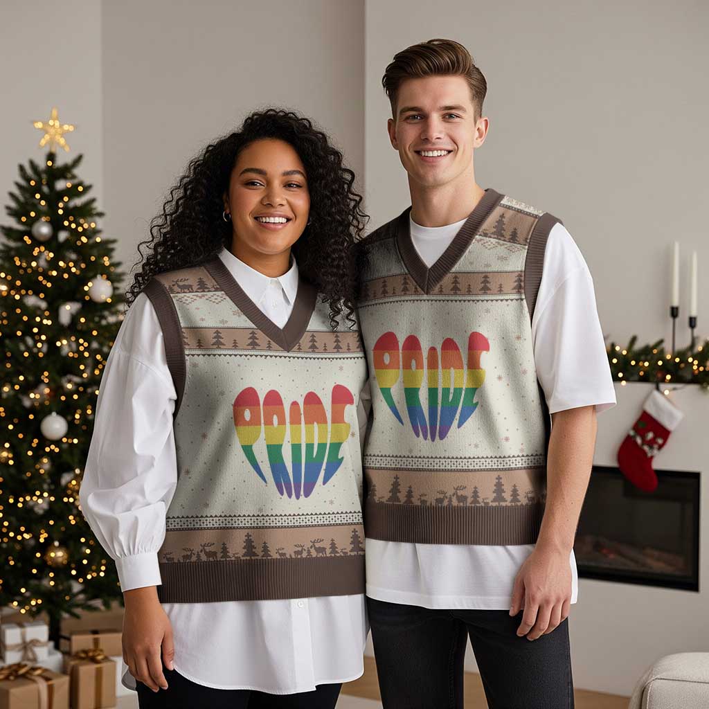 Rainbow Heart Pride V-Neck Knit Sweater Vest LGBTQ Support Graphic