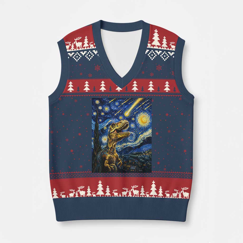 Dinosaur Starry Night Meteor Shower V-Neck Knit Sweater Vest Astronomy Lover Gift