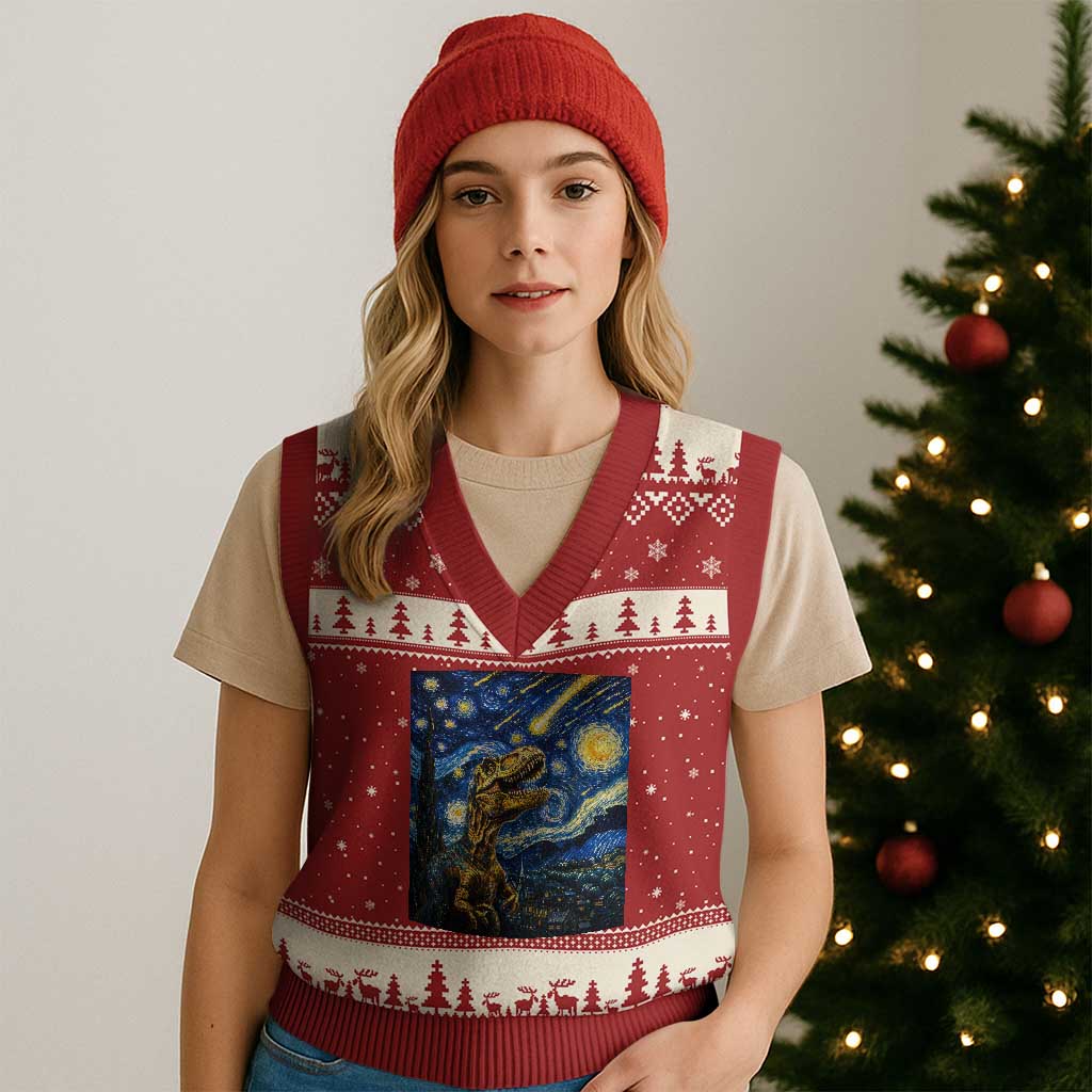 Dinosaur Starry Night Meteor Shower V-Neck Knit Sweater Vest Astronomy Lover Gift
