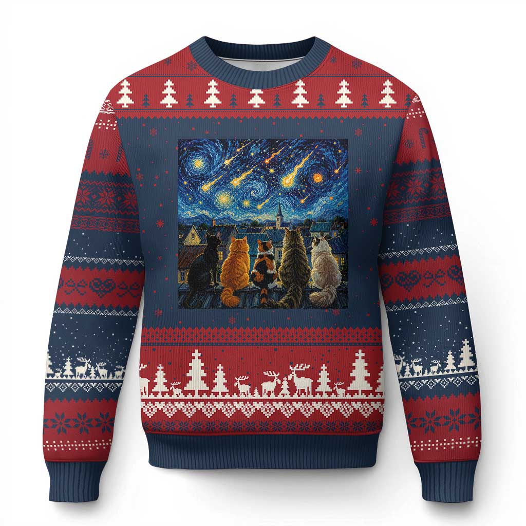Starry Night Cats Watching Meteors Ugly Christmas Sweater Astronomy Lover Gift
