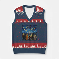 Starry Night Cats Watching Meteors V-Neck Knit Sweater Vest Astronomy Lover Gift