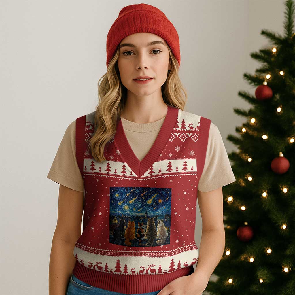 Starry Night Cats Watching Meteors V-Neck Knit Sweater Vest Astronomy Lover Gift