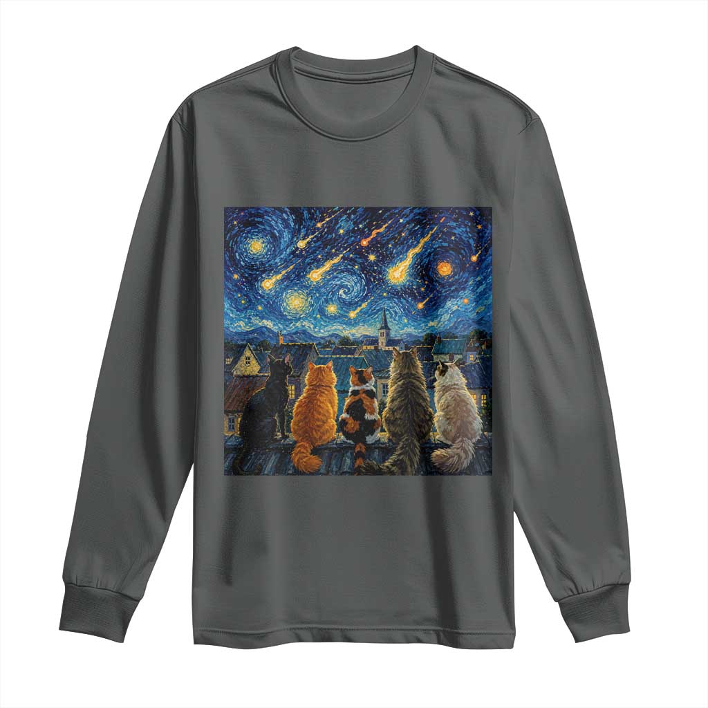 Starry Night Cats Watching Meteors Long Sleeve Shirt Astronomy Lover Gift