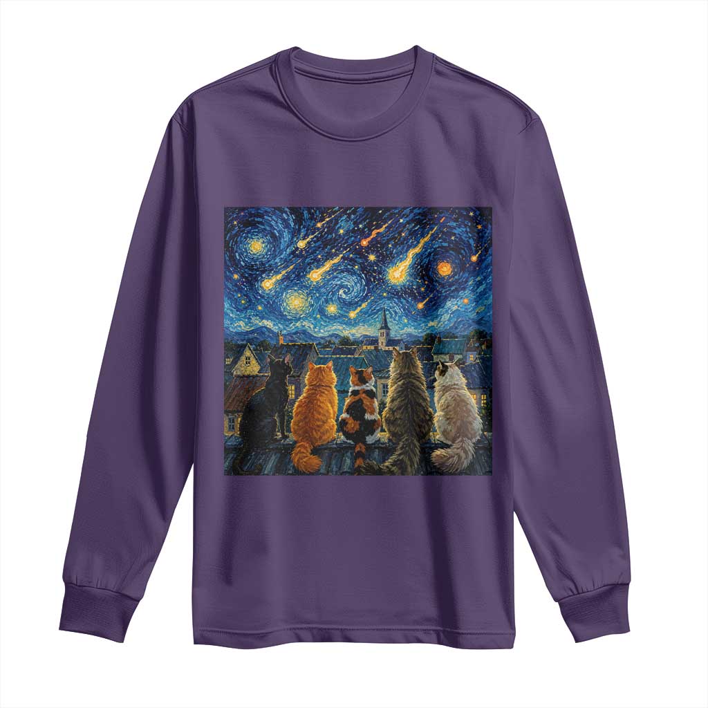 Starry Night Cats Watching Meteors Long Sleeve Shirt Astronomy Lover Gift
