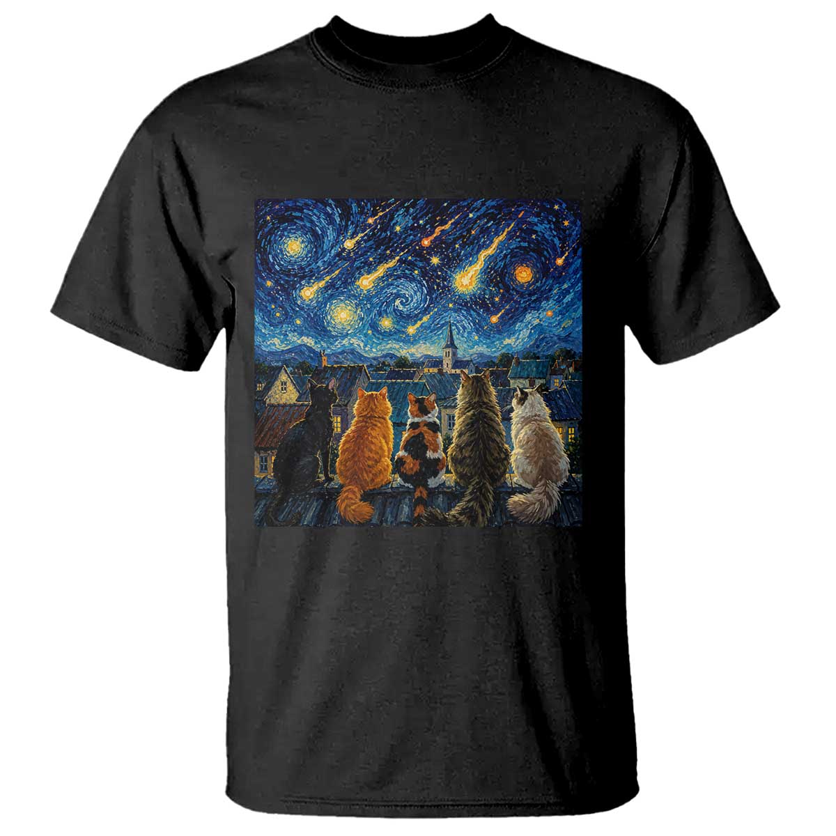 Starry Night Cats Watching Meteors T Shirt Astronomy Lover Gift