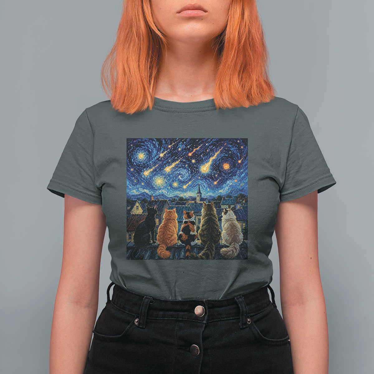 Starry Night Cats Watching Meteors T Shirt For Women Astronomy Lover Gift