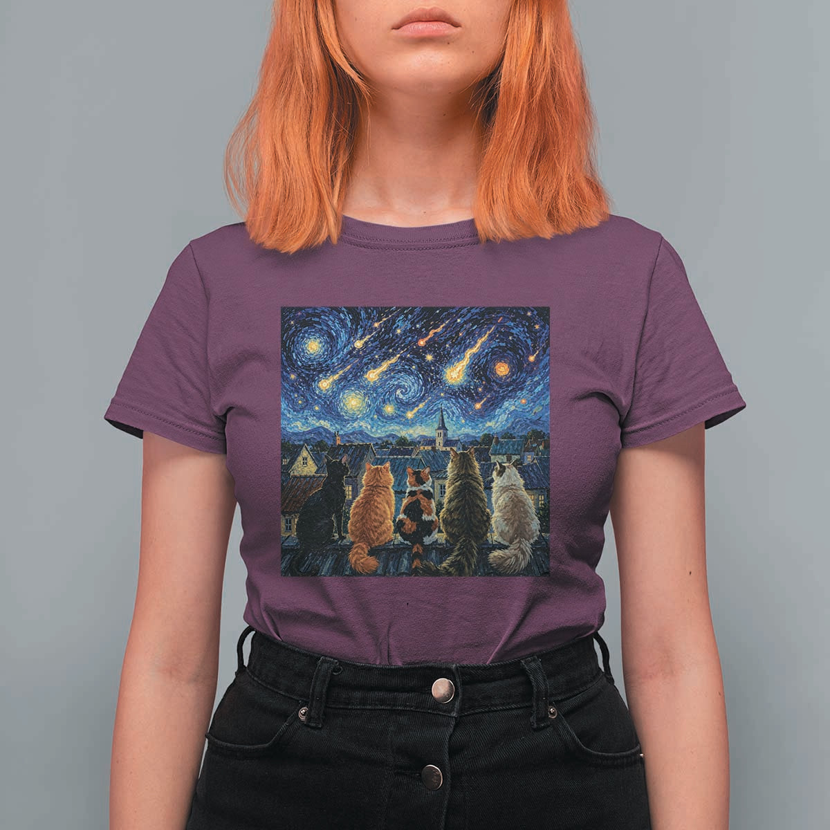 Starry Night Cats Watching Meteors T Shirt For Women Astronomy Lover Gift