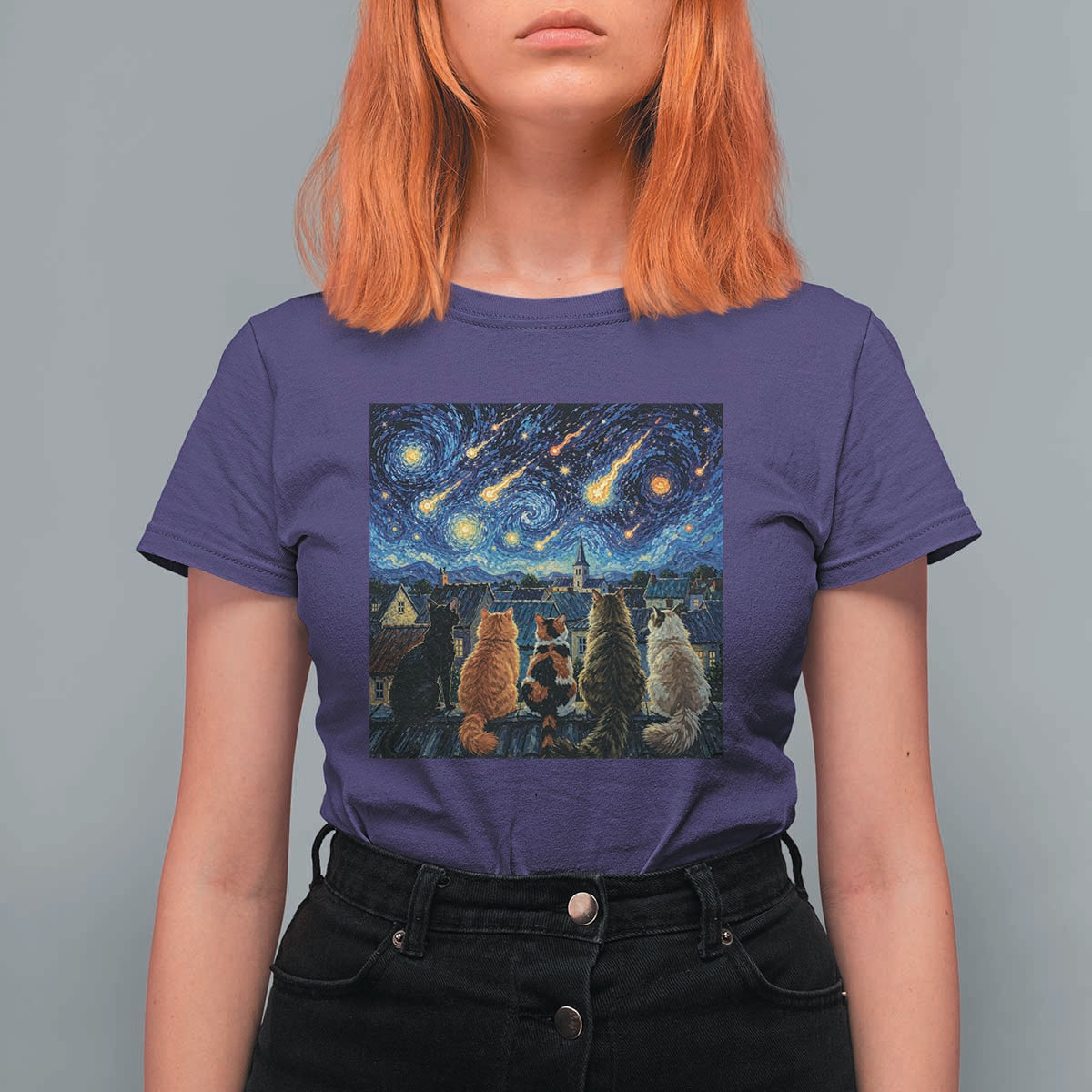 Starry Night Cats Watching Meteors T Shirt For Women Astronomy Lover Gift