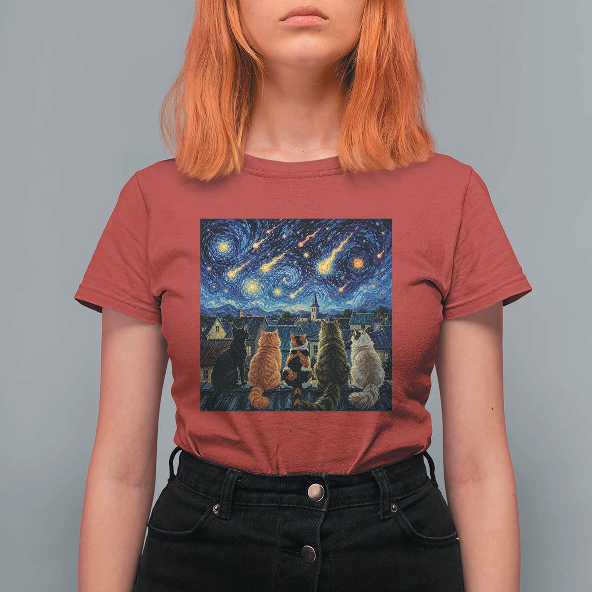 Starry Night Cats Watching Meteors T Shirt For Women Astronomy Lover Gift