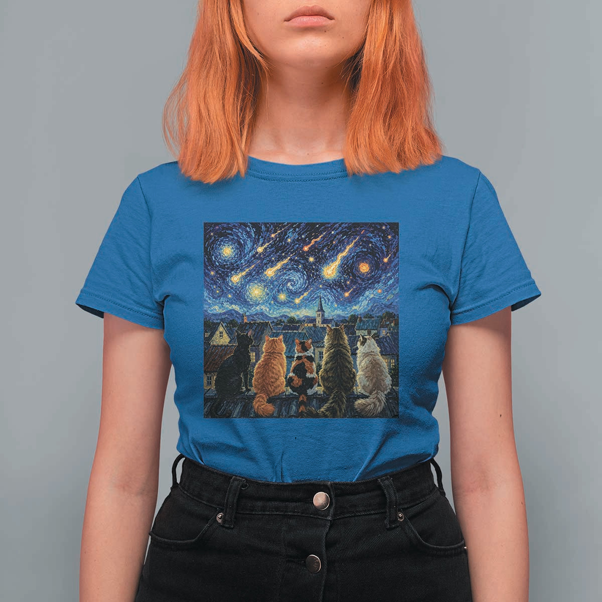 Starry Night Cats Watching Meteors T Shirt For Women Astronomy Lover Gift