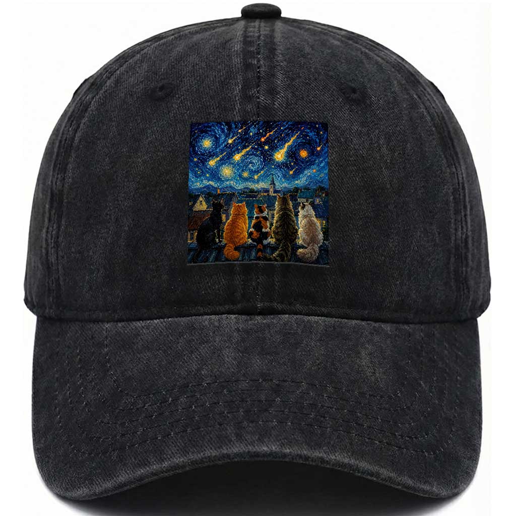 Starry Night Cats Watching Meteors Washed Cotton Baseball Cap Astronomy Lover Gift